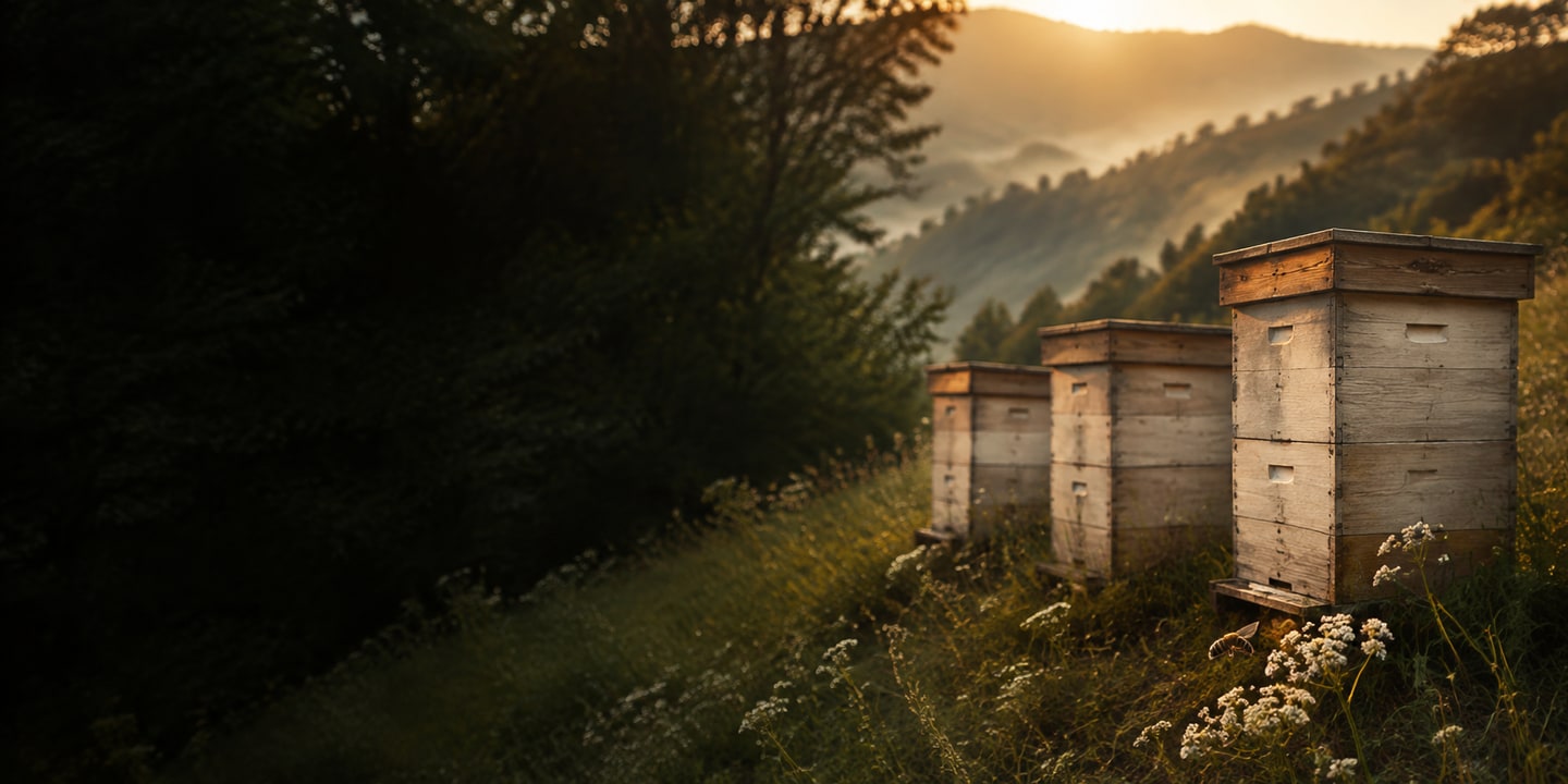 Three pale wooden beehives beside a wooded meadow in the warm light of dawn