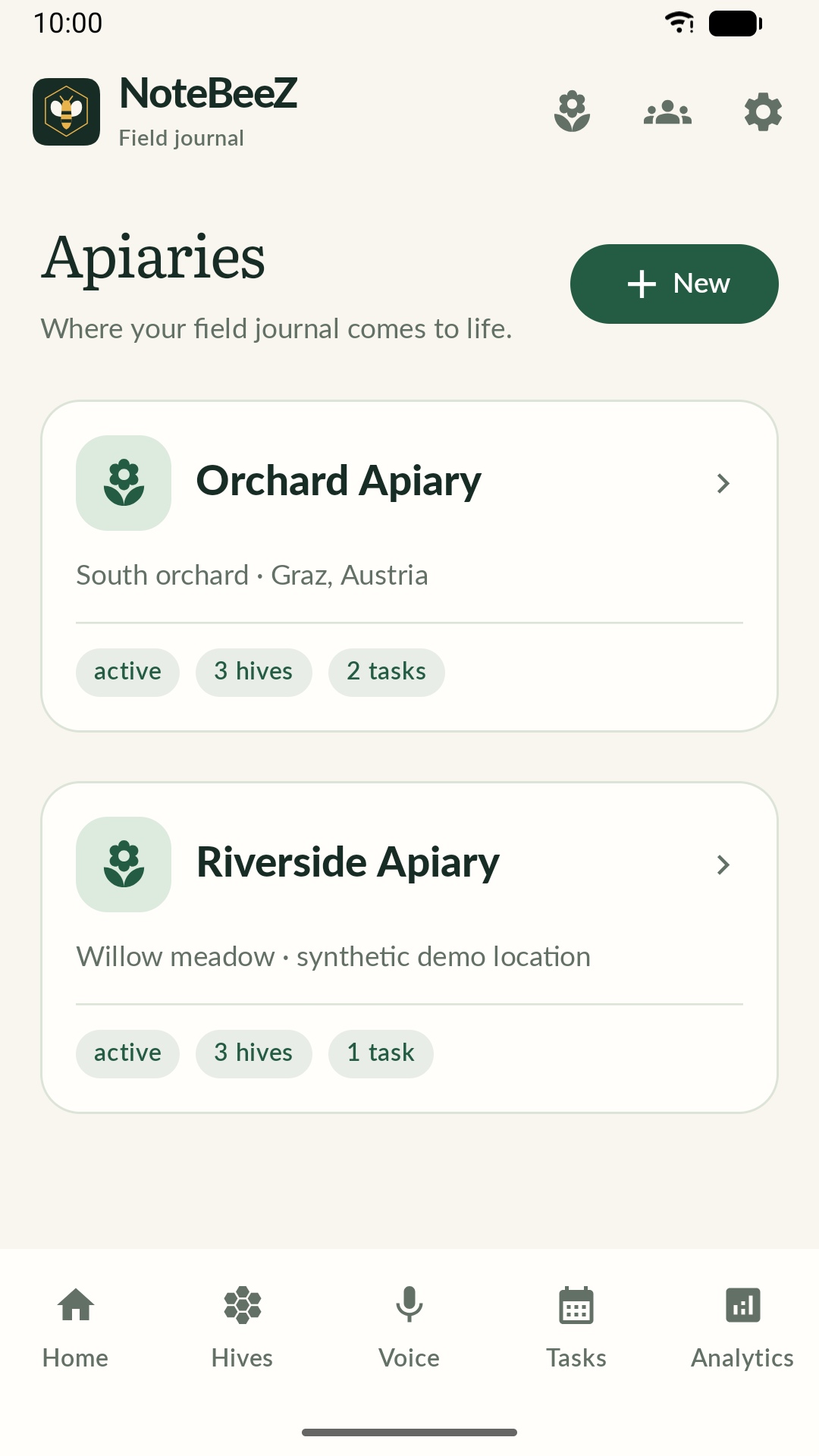 NoteBeeZ apiary overview with locations and field notes