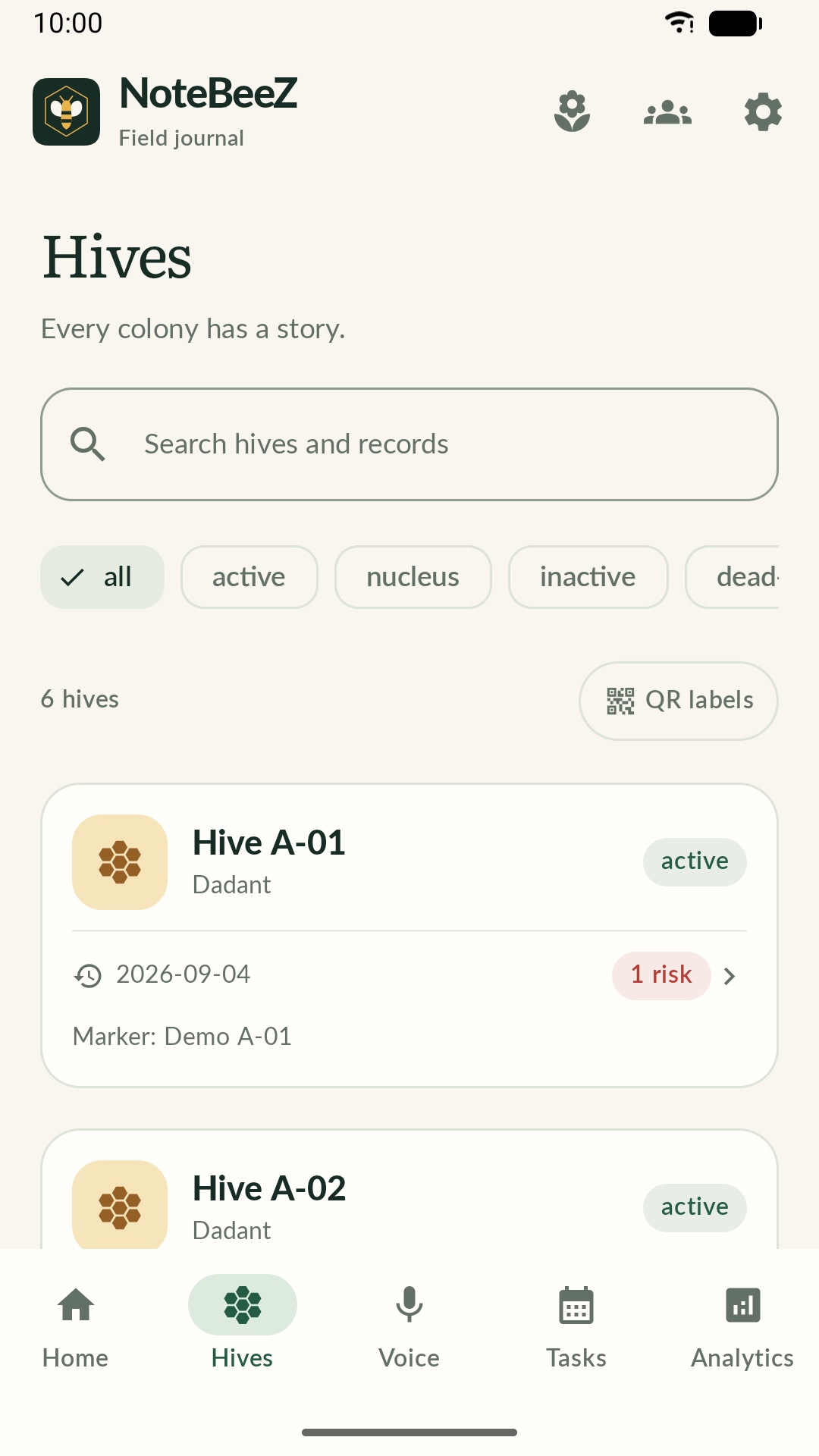 NoteBeeZ searchable hive list and QR label action