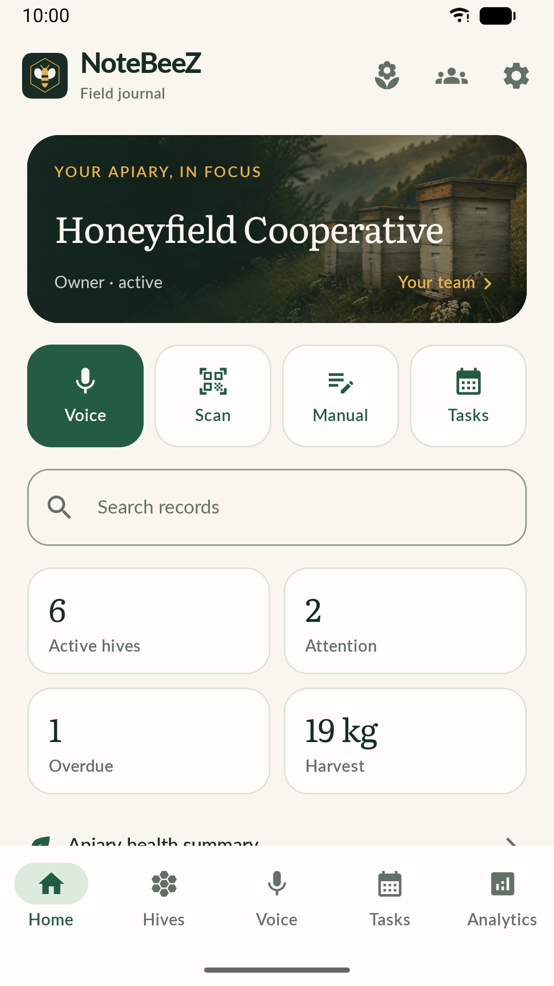 NoteBeeZ home screen with quick actions and season summary